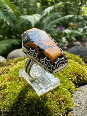 Sterling OOAK Custom Coffin -Shaped Black and Amber Stone Adjustable sz8-9